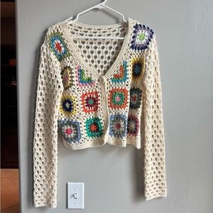 Cream Crochet Cardigan Cottagecore Coastal Grandma Colorful Accents Boho M